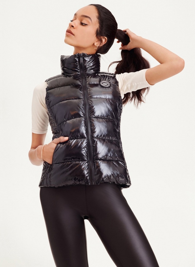 Black Dkny Wet Token Logo Puffer Women's Vest | Q1027734