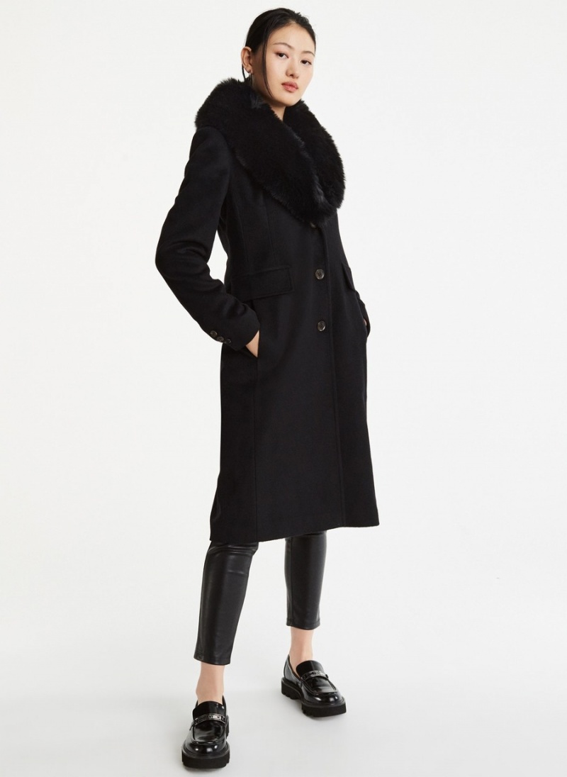 Black Dkny Wool With Faux Fur Collar Women's Trench Coat | A9354513