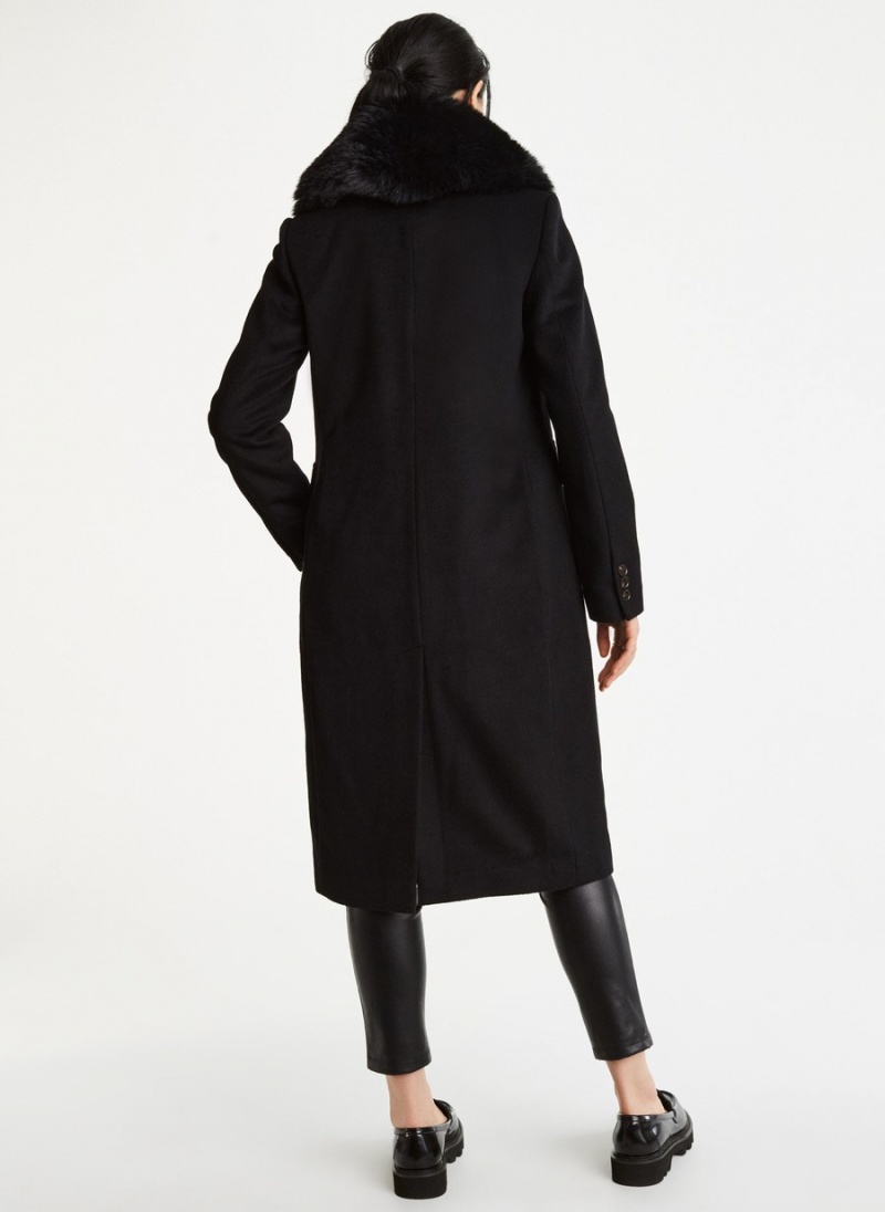 Black Dkny Wool With Faux Fur Collar Women's Trench Coat | A9354513