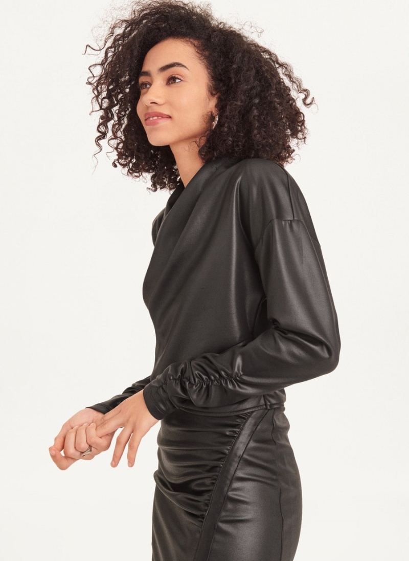 Black Dkny Wrap Glazed Jersey Top Women's Long Sleeve | N5727501