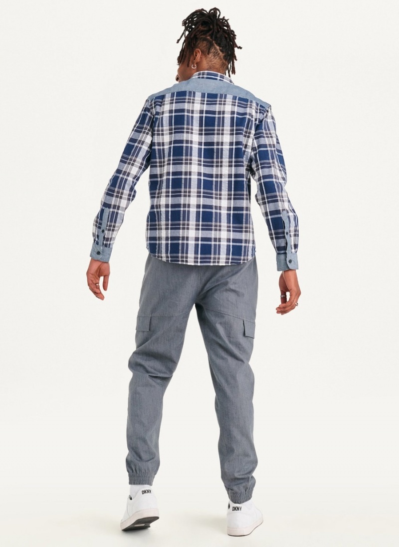 Blue Dkny Plaid Long Sleeve Button Up Men's Shirts | V2746365