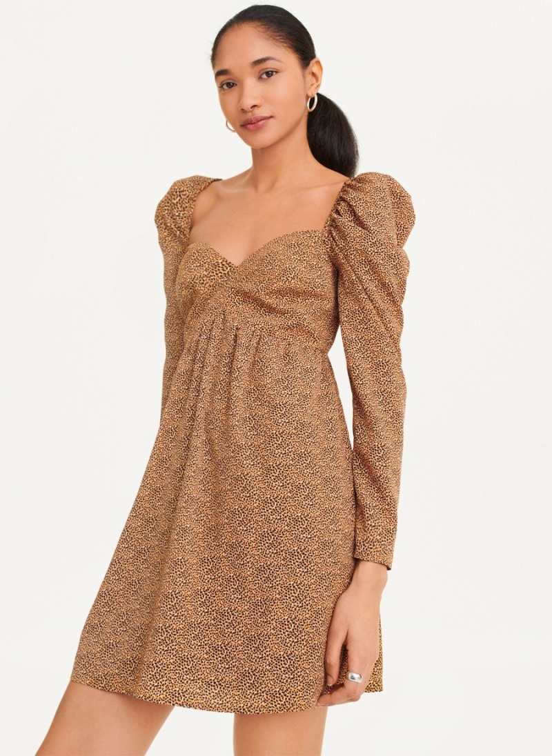 Brown Dkny Printed V-Neck Women's Dress | T1413903