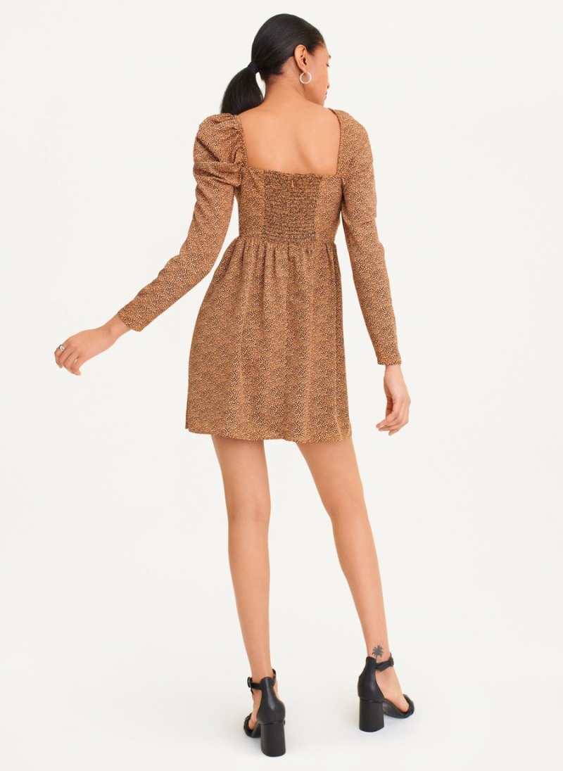 Brown Dkny Printed V-Neck Women's Dress | T1413903