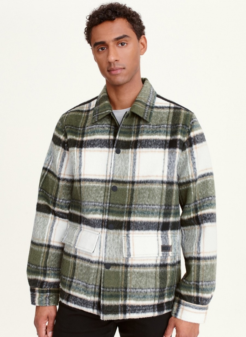 Green Dkny Ivory & Green Plaid Shirt Men\'s Jackets | O8497345