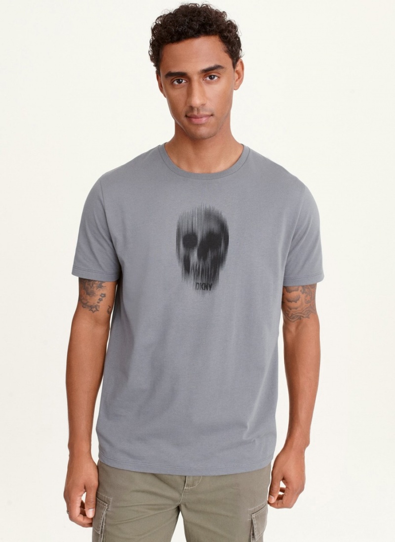 Grey Dkny Blurry Skull Men\'s T Shirts | P2645288