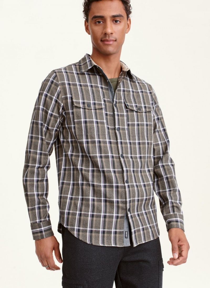 Grey Dkny Long Sleeve Woodsman Plaid Men\'s Shirts | O3715015