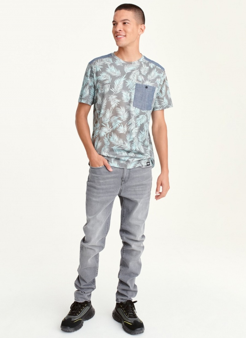 Grey Dkny Palm Print Crew Men's T Shirts | C1491983