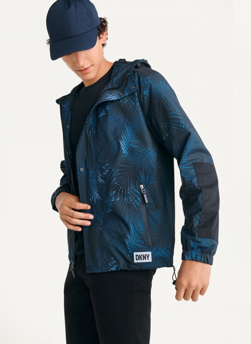 Navy Dkny Printed Nylon Wild Palm Hooded Rain Men's Jackets | V6680632