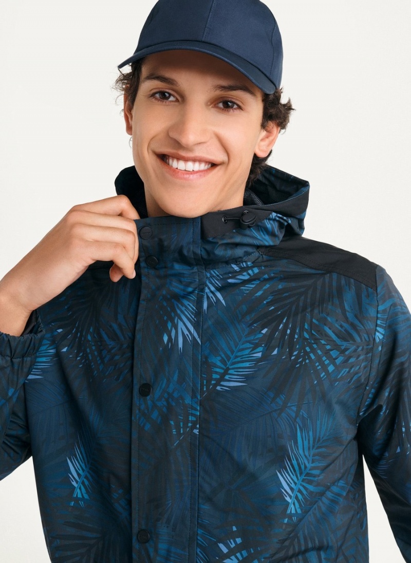 Navy Dkny Printed Nylon Wild Palm Hooded Rain Men's Jackets | V6680632