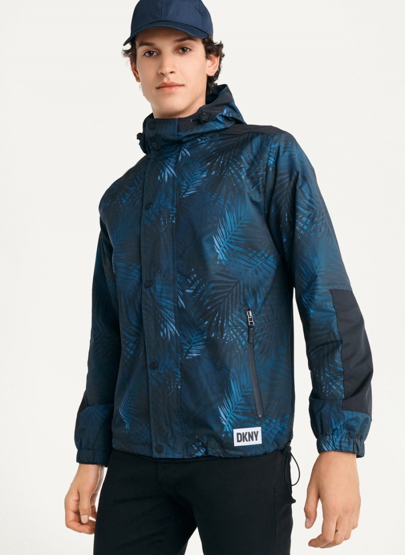 Navy Dkny Printed Nylon Wild Palm Hooded Rain Men\'s Jackets | V6680632