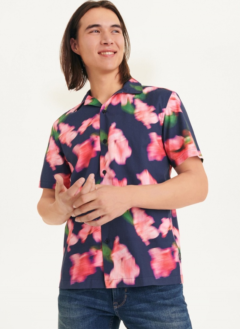 Navy Dkny Short Sleeve Camp Blurred Floral Men\'s Shirts | D9145396