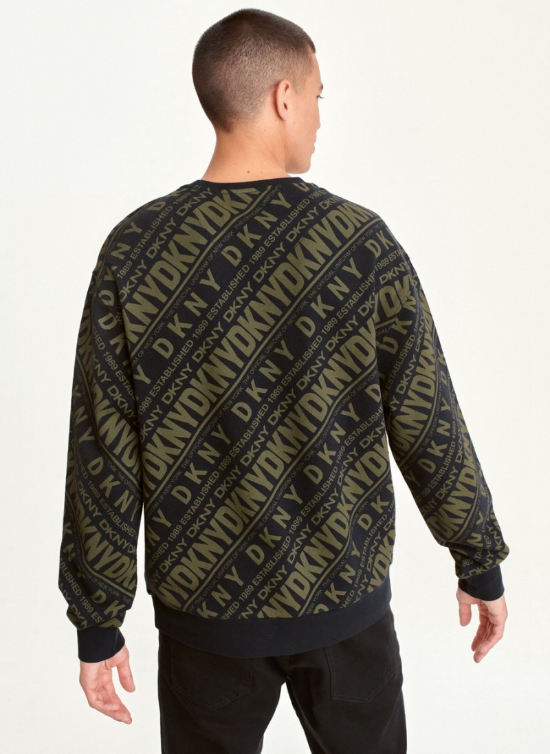 Olive Dkny Long Sleeve Diagonal Logo Print Crew Men's Sweaters | N6971569