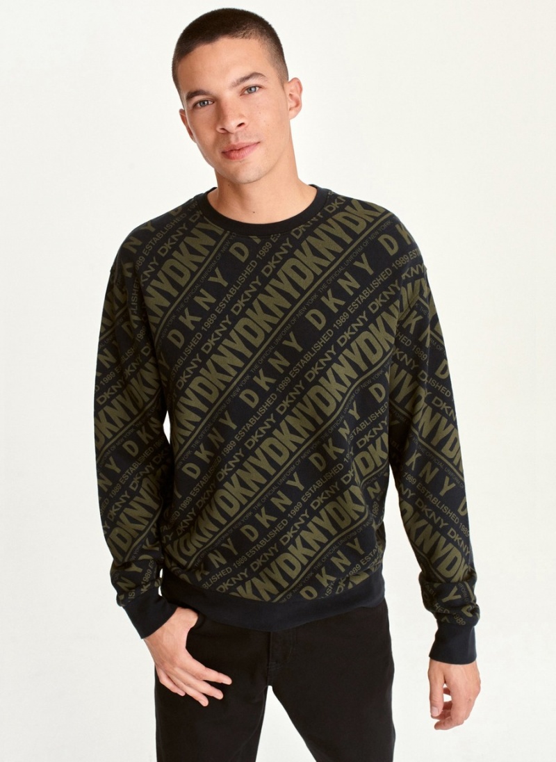 Olive Dkny Long Sleeve Diagonal Logo Print Crew Men\'s Sweaters | N6971569