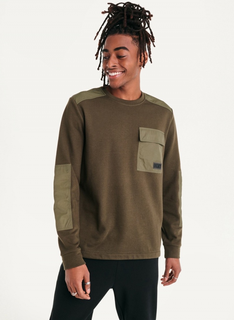 Olive Dkny Mixed Media Military Men\'s Sweatshirts | I8844515