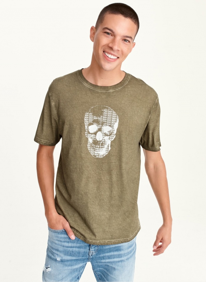 Olive Dkny OUTLINE LOGO SKULL MINERAL WASH Men\'s T Shirts | W5162757