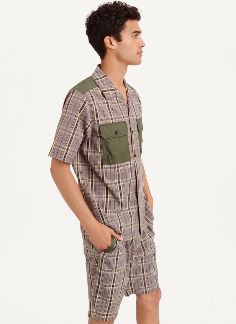 Olive Dkny Plaid/Solid Mixed Short Sleeve Knit Men's Shirts | G7367327