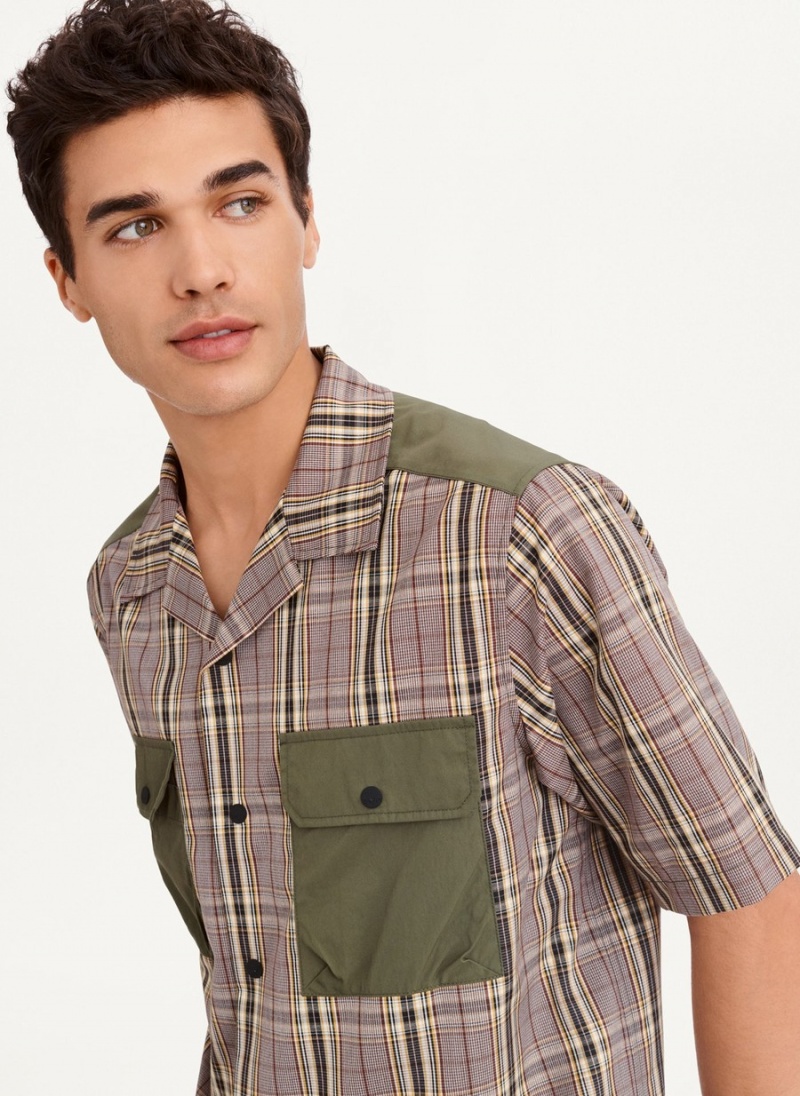 Olive Dkny Plaid/Solid Mixed Short Sleeve Knit Men's Shirts | G7367327