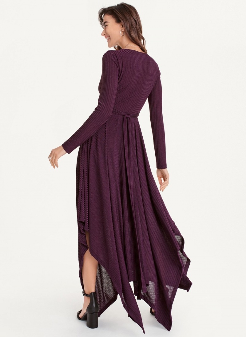 Purple Dkny Long Sleeve Rib Hacci Wrap Maxi Women's Dress | L6031601