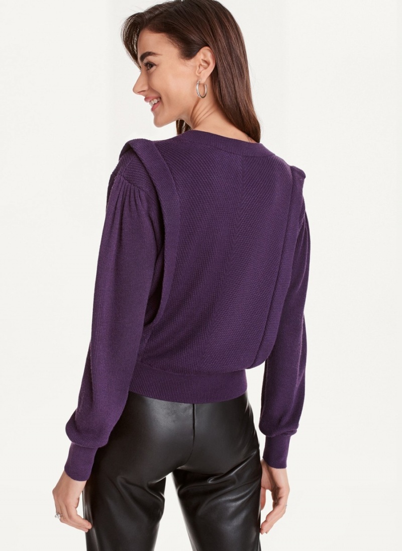 Purple Dkny Long Sleeve V-Neck Flange Women's Sweaters | E2374246