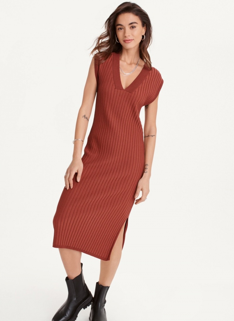 Red Dkny V-Neck Wide Rib Sweater Women's Dress | X8610948