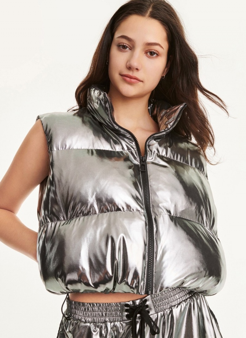 Silver Dkny Knit Silver Foil Puffer Women\'s Vest | M5132934