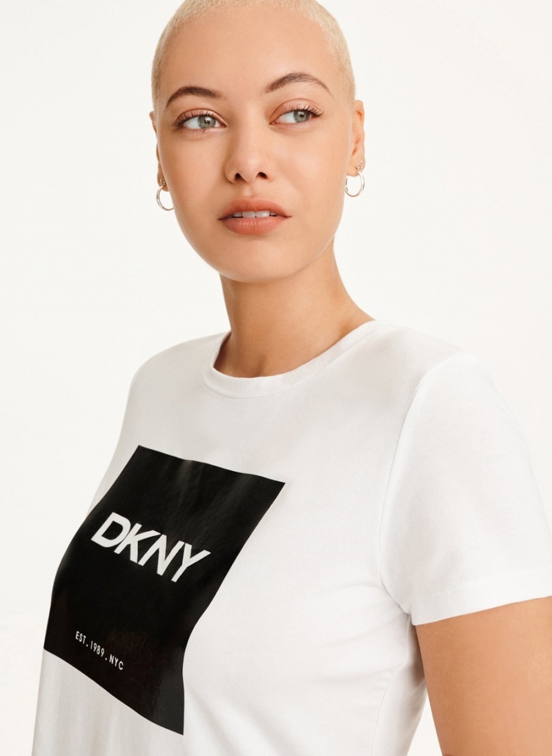 White Dkny Coated Box Logo Women's T Shirts | Z0438676