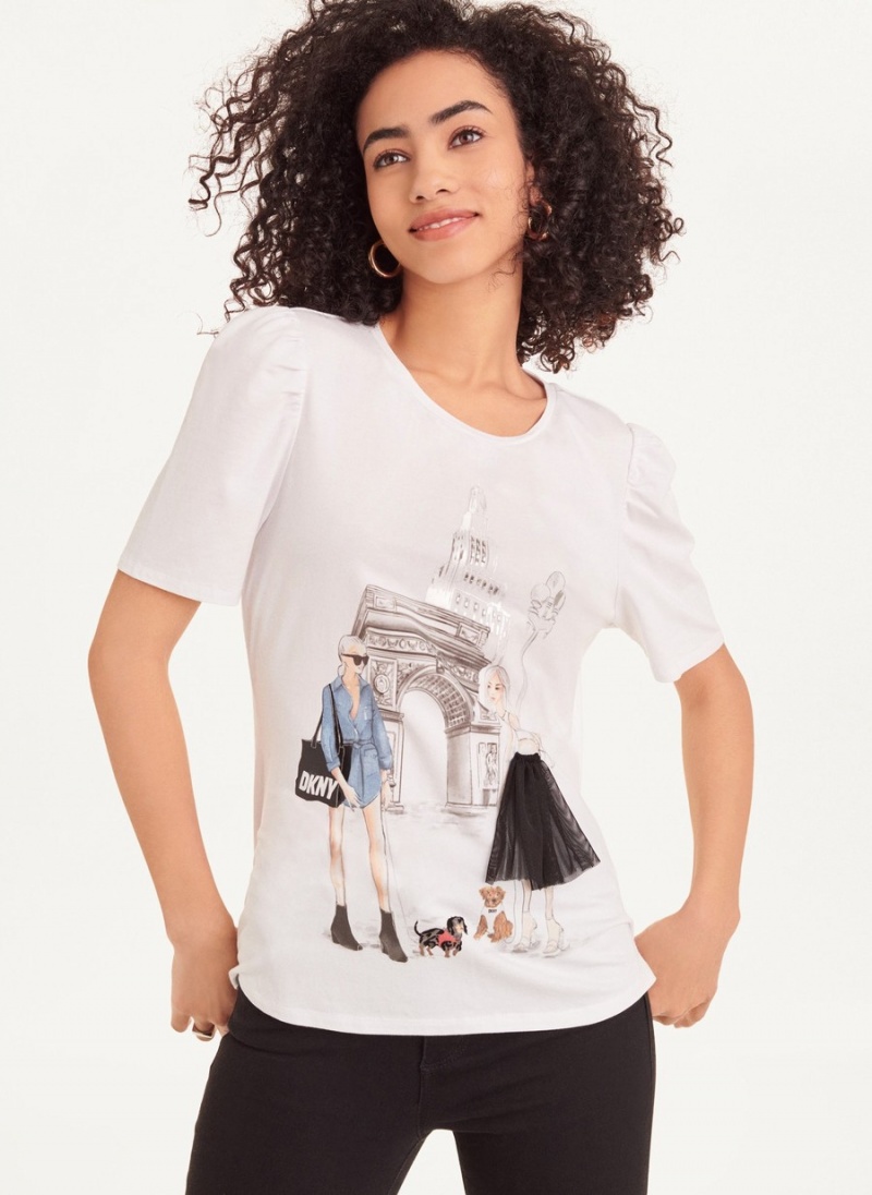 White Dkny Conversational Puff Sleeve Women's T Shirts | V6904349