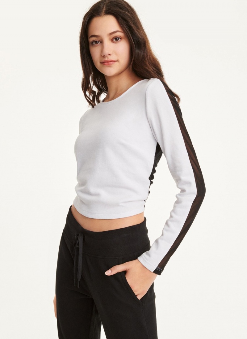 White Dkny Cotton Jersey Top with Black Mesh Women\'s Long Sleeve | M5619573