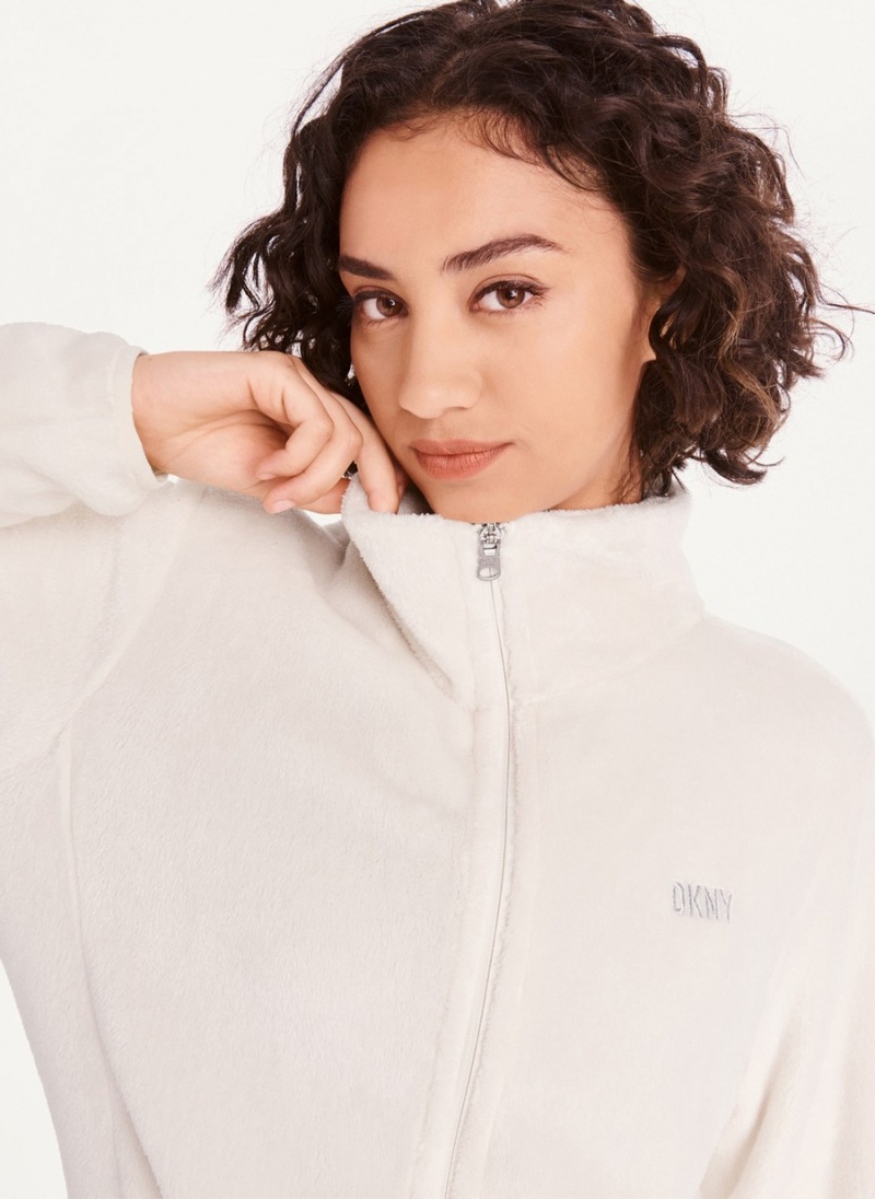 White Dkny Fleece Zip Women's Jackets | T4163071