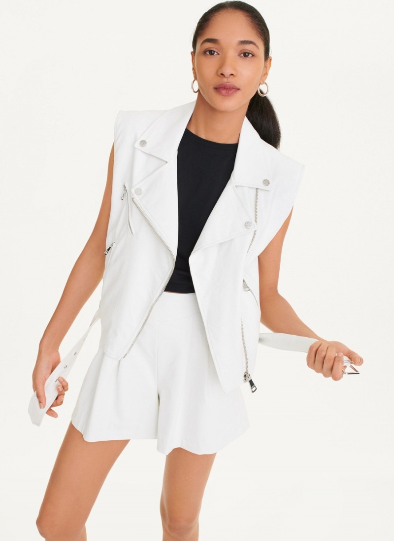 White Dkny Sleeveless Vegan Leather Moto Women's Vest | C2333130