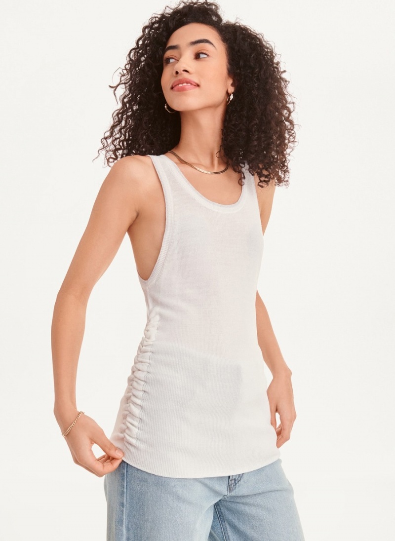 White Dkny Sleevless Lurex Trim Ruched Sweater Women's Tank Top | J8276635