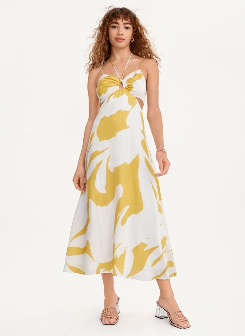 Yellow Dkny Printed Cut Out Halter Women\'s Dress | J1773871